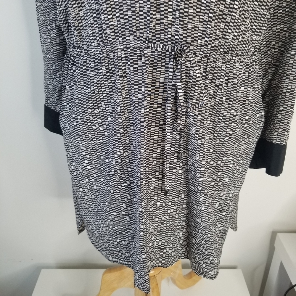 VINCE Drawstring 100% Silk Grid-Print Gray Dress Roll Tab Sleeves Size S - Picture 7 of 16
